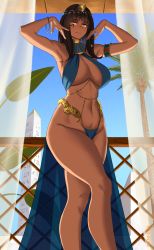 Rule 34 | 1girl, absurdres, armlet, armpits, artist name, belly chain, between breasts, bikini, black hair, blue bikini, bracelet, braid, breasts, closed mouth, commentary, curtains, danfer3, dark-skinned female, dark skin, day, egyptian, english commentary, facial mark, gold, hair ornament, halterneck, head chain, highres, jewelry, large breasts, long hair, looking at viewer, navel, necklace, obelisk, original, revealing clothes, side braid, sky, snake, solo, spanish commentary, standing, stomach, swimsuit, tree, yellow eyes