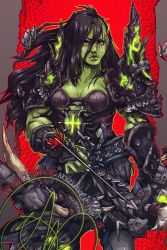 Rule 34 | 1girl, armor, arrow (projectile), black hair, bow (weapon), colored skin, commission, female orc, green skin, karniz, long hair, muscular, muscular female, orc, red eyes, scar, shoulder armor, warcraft, warrior, weapon, world of warcraft