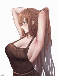 Rule 34 | 1girl, absurdres, apron, armpits, arms behind head, arms up, artist name, breasts, brown apron, brown hair, cleavage, cozie178, girls&#039; frontline, green eyes, highres, large breasts, long hair, naked apron, parted lips, solo, springfield (girls&#039; frontline), upper body, white background