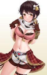 Rule 34 | 1girl, belt, black hair, breasts, brown gloves, cleavage, commission, cowboy shot, crop top, fringe trim, gloves, hands up, highres, idolmaster, idolmaster cinderella girls, jewelry, large breasts, looking at viewer, midriff, navel, necklace, oikawa shizuku, pink shirt, rama (yu-light8), revealing clothes, shirt, short hair, short shorts, shorts, showgirl skirt, skeb commission, sleeveless, sleeveless shirt, smile, solo, stomach, thigh strap, white shorts, yellow eyes