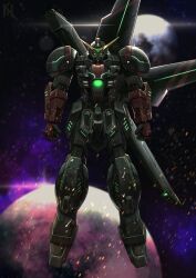 Rule 34 | after war gundam x, arms at sides, artist logo, clenched hands, commentary, commission, english commentary, full body, glint, glowing, glowing eyes, green eyes, gundam, gundam x, highres, looking at viewer, mecha, mobile suit, nebula, no humans, original, planet, porukima, redesign, robot, science fiction, solo, space, star (sky), v-fin