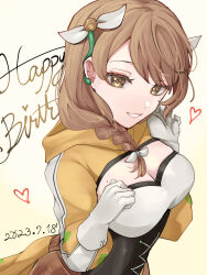 Rule 34 | 1girl, breasts, brown hair, cleavage, commentary request, corset, dated, fire emblem, fire emblem engage, gloves, goldmary (fire emblem), grin, hair ribbon, happy birthday, heart, highres, large breasts, long hair, long sleeves, looking at viewer, nintendo, ribbon, sakura no yoru, shrug (clothing), skirt, smile, solo, upper body, white gloves, white ribbon, yellow eyes, yellow skirt