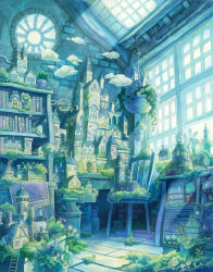 Rule 34 | book, bookshelf, bottle, castle, chair, church, cloud, desk, hanging plant, house, kemi neko, lantern, no humans, original, overgrown, plant, potted plant, scenery, sky, windmill, window
