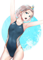 Rule 34 | 1girl, alternate hairstyle, armpits, arms up, bangs pinned back, bare arms, bare shoulders, blue background, blue eyes, blue one-piece swimsuit, breasts, circle, collarbone, commentary request, competition swimsuit, cowboy shot, grey hair, groin, hair bobbles, hair ornament, highleg, highleg swimsuit, highres, idolmaster, idolmaster shiny colors, looking away, mikel (4hands), one-piece swimsuit, open mouth, outstretched arms, serizawa asahi, short hair, small breasts, solo, standing, swimsuit, teeth, two-tone background, upper teeth only, wet, white background