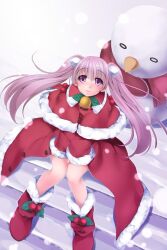 Rule 34 | 1girl, atelier-moo, bell, boots, closed mouth, from above, hair between eyes, long hair, long sleeves, looking up, original, pink eyes, pink hair, santa costume, sitting, sleeves past wrists, smile, snow, snowing, snowman, solo, stairs, thighs, twintails