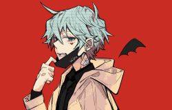 Rule 34 | 1boy, artworks218, bandages, black mask, blue eyes, blue hair, earrings, fangs, formal, genderswap, genderswap (ftm), hatsune mikuo, highres, jacket, jewelry, looking at viewer, male focus, mask, mask pull, mouth mask, open mouth, red background, screentones, smile, suit, vampire (vocaloid), vocaloid, yellow jacket