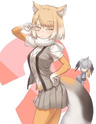 Rule 34 | 10s, 2girls, animal ear fluff, animal ears, bird wings, blonde hair, blush, commentary request, elbow gloves, fox ears, fox tail, fur collar, gloves, grey hair, guchico, hand on own hip, head wings, kemono friends, light brown hair, multicolored hair, multiple girls, necktie, pantyhose, pleated skirt, shoebill (kemono friends), short hair, short sleeves, skirt, tail, tibetan fox (kemono friends), v, v over eye, vest, white hair, wings, yellow eyes