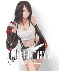 Rule 34 | 1990s (style), 1girl, bad id, bad pixiv id, bare shoulders, black hair, breasts, brown eyes, character name, cleavage, copyright name, crop top, curvy, covered erect nipples, female focus, final fantasy, final fantasy vii, gloves, grey hair, highres, large breasts, long hair, looking at viewer, midriff, mizu (dl7613), solo, standing, suspenders, tank top, tifa lockhart, wet, wet clothes, wide hips