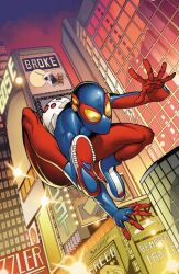 Rule 34 | 1boy, bailey briggs, blue mask, building, child, cityscape, comic cover, commentary, english commentary, english text, male focus, mark bagley, marvel, new york, richard isanove, second-party source, skyscraper, spider-boy (spider-man), spider-man (series), spider-verse, spider-verse (comics), superhero costume, two-tone bodysuit, western comics (style)