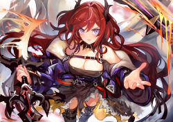 Rule 34 | &gt;:(, 1girl, arknights, bare shoulders, black dress, black thighhighs, breasts, burnt clothes, cleavage, closed mouth, coat, collarbone, detached collar, dress, feet out of frame, flaming sword, flaming weapon, foreshortening, from above, holding, holding sword, holding weapon, horns, large breasts, long hair, long sleeves, looking at viewer, looking up, off shoulder, open clothes, open coat, pupps, purple coat, purple eyes, red hair, solo, standing, surtr (arknights), sword, thigh strap, thighhighs, v-shaped eyebrows, very long hair, weapon