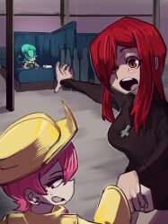 Rule 34 | 3girls, absurdres, alternate hairstyle, annie (skullgirls), averting eyes, cross, cross necklace, curtains, frown, green hair, grimace, hair over one eye, hat, highres, holding hands, jewelry, long hair, moxydraws, multiple girls, necklace, official alternate costume, open mouth, parasoul (skullgirls), pink hair, ponytail, raincoat, red hair, short hair, siblings, sisters, skullgirls, sweatdrop, sweater, turtleneck, turtleneck sweater, umbrella (skullgirls), yellow eyes