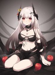 Rule 34 | 1girl, apple, arknights, bikini, black bikini, black collar, breasts, cleavage, collar, demon horns, food, front-tie bikini top, front-tie top, fruit, grey background, hair ornament, highres, horns, infection monitor (arknights), jewelry, large breasts, looking at viewer, material growth, mudrock (arknights), mudrock (silent night) (arknights), nanatsuka, necklace, official alternate costume, oripathy lesion (arknights), parted lips, pointy ears, red eyes, ribbon, signature, sitting, solo, swimsuit, yokozuwari