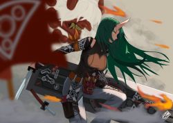 Rule 34 | 1girl, arknights, banner, beads, belt, blurry, breasts, clothing cutout, cowboy shot, depth of field, fire, flag, green eyes, green hair, highres, horns, hoshiguma (arknights), hoshiguma (ronin huntress) (arknights), jewelry, katana, large breasts, long hair, long sleeves, mask, necklace, official alternate costume, oni, oni mask, pants, pouch, prayer beads, profile, shield, shoulder cutout, single horn, skin-covered horns, solo, sword, thigh pouch, turtleneck, weapon, white pants, wind, yakupan