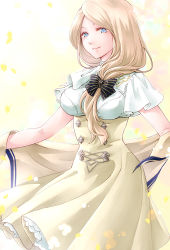 Rule 34 | 1girl, blonde hair, blue eyes, breasts, closed mouth, dress, ebi puri (ebi-ebi), fire emblem, fire emblem: three houses, frilled dress, frills, garreg mach monastery uniform, hair ribbon, highres, large breasts, long hair, looking at viewer, mercedes von martritz, nintendo, outstretched arms, ribbon, simple background, upper body, yellow background