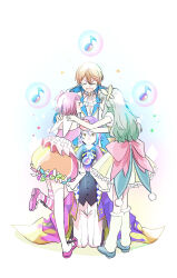 Rule 34 | 2boys, 2girls, aqua hair, blonde hair, buttons, closed eyes, commentary request, detached sleeves, frilled shirt collar, frills, full body, gradient hair, green hair, hair ornament, hand on another&#039;s shoulder, highres, kamishiro rui, kneehighs, kneeling, kusanagi nene, long hair, momomo (m0 3), multicolored hair, multiple boys, multiple girls, ootori emu, open mouth, orange hair, pants, partial commentary, pink hair, project sekai, purple eyes, short hair, sleeveless, socks, streaked hair, striped clothes, striped thighhighs, tenma tsukasa, thighhighs, white background, white pants, white socks, wonderlands x showtime (project sekai), yellow eyes