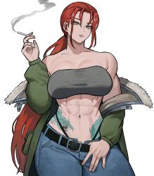 1girl abs absurdres bandeau belt breasts cigarette denim green_jacket hand_on_own_crotch highres holding holding_cigarette jacket jeans long_hair looking_at_viewer muscular muscular_female open_clothes open_jacket original pants red_hair smoking stomach_tattoo strapless tattoo tube_top yellow_eyes zeon_(zzeeonn)