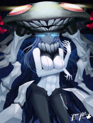 Rule 34 | 10s, 1girl, absurdres, abyssal ship, blue eyes, bodysuit, breasts, cape, colored skin, funny-blue, glowing, glowing eyes, headgear, highres, kantai collection, large breasts, long hair, looking at viewer, pale skin, silver hair, solo, tentacles, white skin, wo-class aircraft carrier