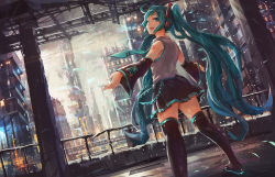 Rule 34 | 1girl, akamidoriao (rgb), aqua eyes, aqua hair, boots, city, detached sleeves, dutch angle, from behind, hatsune miku, headphones, long hair, necktie, open mouth, outstretched arms, scenery, skirt, snowing, solo, spread arms, thigh boots, thighhighs, twintails, very long hair, vocaloid, zettai ryouiki