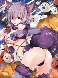 Rule 34 | 1girl, animal ears, ass, badariki, bare shoulders, blush, bow, breasts, elbow gloves, eyes visible through hair, fate/grand order, fate (series), fur-trimmed gloves, fur trim, ghost, gloves, hair over one eye, halloween costume, jack-o&#039;-lantern, kemonomimi mode, large breasts, looking at viewer, looking back, mash kyrielight, mash kyrielight (dangerous beast), o-ring, official alternate costume, open mouth, pink bow, pumpkin, purple eyes, purple hair, revealing clothes, short hair, solo, standing, star (symbol), starry background, tail, thighs, wolf ears, wolf tail