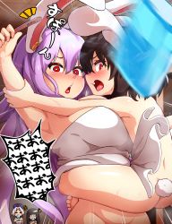 Rule 34 | 4girls, animal ears, arguing, armpits, ass, black hair, blunt bangs, blush, breasts, commentary request, cross, emphasis lines, floppy ears, food, hat, highres, houraisan kaguya, inaba tewi, large breasts, light purple hair, long hair, looking at another, multiple girls, naked towel, notice lines, nurse cap, open mouth, peso (cheese company), popsicle, popsicle stick, rabbit ears, rabbit tail, red cross, red eyes, reisen udongein inaba, short hair, small breasts, tackle, tail, touhou, towel, translation request, upper body, white towel, yagokoro eirin
