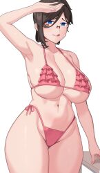 Rule 34 | armpits, bikini, blue eyes, borrowed character, breasts, brown hair, denisse (aster crowley), franham, frilled bikini, frills, glasses, groin, hair between eyes, hand on table, hand up, highres, large breasts, looking at viewer, mature female, mole, mole under mouth, original, pink bikini, swimsuit, thick thighs, thighs, tongue, tongue out, white background