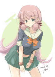 Rule 34 | 1girl, akashi (kancolle), black shirt, commentary request, cosplay, dated, fyuo, green eyes, green skirt, hair ribbon, highres, kantai collection, leaning forward, long hair, one-hour drawing challenge, pink hair, pleated skirt, ribbon, sailor collar, sailor shirt, school uniform, serafuku, shirt, signature, skirt, solo, standing, tress ribbon, white background, white sailor collar, wristband, yuubari (kancolle), yuubari (kancolle) (cosplay)