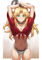 Rule 34 | 1girl, arms up, bikini, bikini bottom only, black choker, blonde hair, breasts, brown background, choker, cleavage, collarbone, cowboy shot, fang, fate/apocrypha, fate (series), gradient background, highres, layered bikini, long hair, looking at viewer, medium breasts, midriff, mordred (fate), mordred (fate/apocrypha), navel, red shirt, scrunchie, shirt, simple background, smile, solo, stomach, studded bracelet, swimsuit, tied shirt, tonee, white background