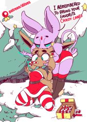 Rule 34 | 2girls, animal ears, animated, animated gif, artist name, bare shoulders, bell, belt, black legwear, blue eyes, blue sclera, blush, boots, breasts, candy, candy cane, christmas, cloud, colored sclera, creatures (company), crop top, diives, dress, earrings, eating, eevee, english text, espeon, female focus, femdom, food, fox tail, full body, fur trim, furry, furry female, game freak, gen 1 pokemon, gen 2 pokemon, grass, half-closed eyes, hand on another&#039;s face, hands up, highres, jewelry, kneeling, leaning forward, looking down, multiple girls, nintendo, open mouth, outdoors, patreon logo, patreon username, personification, pokemon, pokemon (creature), pokemon gsc, pokemon rgby, red dress, red legwear, red shirt, red shorts, saliva, santa costume, shirt, short shorts, shorts, sky, small breasts, snow, spread legs, standing, star (symbol), strapless, strapless dress, tail, talking, telekinesis, text focus, thighhighs, tree, watermark, web address, yuri