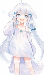 Rule 34 | 1girl, :d, ahoge, animal ears, arm at side, bare shoulders, blue bow, blue eyes, bow, collarbone, contrapposto, dress, fang, feet out of frame, floppy ears, fluffy, frilled dress, frills, hair bow, hand up, highres, knees, light blush, long hair, long sleeves, looking at viewer, low twintails, multiple hair bows, off-shoulder dress, off shoulder, open mouth, original, puffy long sleeves, puffy sleeves, ribbon, short dress, simple background, skin fang, sleeves past wrists, smile, solo, standing, straight-on, tail, thighhighs, twintails, v, very long hair, wangyq, white background, white dress, white hair, white thighhighs, zettai ryouiki