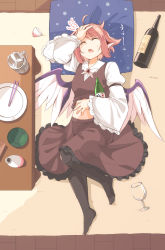 Rule 34 | 1girl, ahoge, arm belt, beer mug, bird wings, black pantyhose, bottle, bowl, brooch, brown skirt, brown vest, carpet, choko (cup), chopsticks, commentary request, cup, cushion, drinking glass, closed eyes, feathered wings, from above, hand on own forehead, hand on own stomach, hangover, head on pillow, highres, holding, holding bottle, jewelry, juliet sleeves, long sleeves, lying, moja (moja4192), mug, mystia lorelei, no headwear, no headwear, no shoes, on back, on floor, open mouth, pantyhose, pink hair, plate, puffy sleeves, sake bottle, shirt, short hair, skirt, solo, sweat, table, tokkuri, touhou, uu~, vest, vest lift, white shirt, wide sleeves, wine bottle, wine glass, wings, wooden floor, zabuton