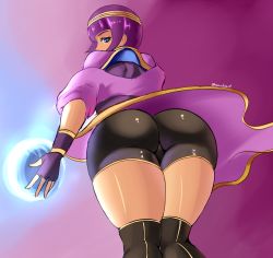 Rule 34 | 1girl, ass, bike shorts, blue eyes, capcom, curvy, dark-skinned female, dark skin, energy ball, female focus, fingerless gloves, from behind, from below, gloves, highres, huge ass, looking at viewer, looking back, looking down, menat, purple hair, shiny clothes, short hair, solo, sowilo, street fighter, street fighter v, thick thighs, thighhighs, thighs, unitard