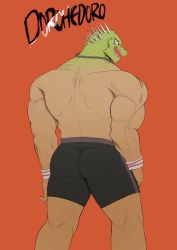 Rule 34 | 1boy, ass, back, bara, boxers, butt crack, caiman (dorohedoro), copyright name, cowboy shot, dorohedoro, from behind, looking back, male focus, male underwear, muscular, open mouth, pinkblood, smile, solo, spikes, toned, toned male, topless male, underwear