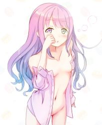Rule 34 | 1girl, bare shoulders, blue hair, blush, breasts, buttons, candy, collarbone, collared shirt, commentary request, cowboy shot, dress shirt, food, gradient hair, green eyes, groin, hand up, heterochromia, himemori luna, hololive, long hair, long sleeves, looking at viewer, macaron, mottiie, multicolored hair, naked shirt, navel, off shoulder, open clothes, open shirt, parted lips, partially visible vulva, pink hair, pink shirt, purple eyes, shirt, small breasts, solo, stomach, unbuttoned, very long hair, virtual youtuber, white background