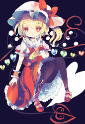 Rule 34 | 1girl, alternate wings, ascot, black pantyhose, blonde hair, blue background, bow, breasts, closed mouth, collared shirt, crystal, dark background, finger to mouth, flandre scarlet, frilled shirt collar, frills, full moon, hat, hat bow, hat ribbon, hiyuu (hiyualice), index finger raised, laevatein (touhou), large bow, looking at viewer, mary janes, medium hair, mob cap, moon, multicolored wings, one side up, pantyhose, puffy short sleeves, puffy sleeves, red eyes, red footwear, red ribbon, red skirt, red vest, ribbon, ribbon-trimmed headwear, ribbon trim, shirt, shoes, short sleeves, simple background, sitting, skirt, sleeve bow, sleeve ribbon, small breasts, solo, touhou, vest, white hat, white shirt, wings, wrist cuffs, yellow ascot
