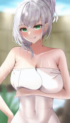 Rule 34 | 1girl, absurdres, alternate hairstyle, arm support, armpit crease, bare shoulders, bath, bathing, blush, breasts, cleavage, closed mouth, collarbone, covering privates, green eyes, grey hair, hair bun, hand on own chest, highres, hololive, katagirinanoka, large breasts, looking at viewer, medium hair, mole, mole on breast, nude cover, onsen, partially submerged, rock, shirogane noel, sitting, smile, snow, snowing, solo, towel, virtual youtuber, water, wavy hair