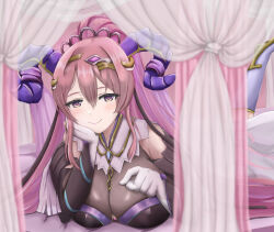 Rule 34 | bed, blush, breasts, cleavage, curled horns, fire emblem, fire emblem heroes, gloves, goat horns, hair between eyes, hair ornament, hand on own face, heart, heart-shaped pupils, highres, horns, large breasts, long hair, lying, nerthus (fire emblem), nintendo, on bed, on stomach, patty ojisan, pink hair, ponytail, purple eyes, smile, symbol-shaped pupils, white gloves