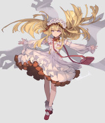 Rule 34 | 1girl, alternate costume, artist name, bag, blonde hair, blunt bangs, cagliostro (granblue fantasy), commentary request, detached sleeves, dress, floating clothes, floating hair, frilled dress, frilled sleeves, frilled socks, frills, full body, granblue fantasy, head wreath, headband, highres, long hair, off shoulder, outstretched arms, pota (bluegutty), purple eyes, shoulder bag, signature, silhouette, smile, socks, solo, twitter username