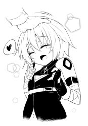 Rule 34 | 1girl, bandaged arm, bandages, belt, blush, closed eyes, fate/grand order, fate (series), fingerless gloves, gloves, greyscale, hair between eyes, happy, headpat, heart, jack the ripper (fate/apocrypha), kazawa (tonzura-d), long sleeves, monochrome, navel, open mouth, short hair, shoulder tattoo, simple background, single glove, solo focus, spoken heart, tattoo, upper body, white background