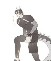 Rule 34 | 1boy, adjusting clothes, adjusting legwear, arknights, brown eyes, chong yue (arknights), commentary request, dragon boy, dragon horns, dragon tail, earrings, feet out of frame, fingerless gloves, gloves, highres, horns, jewelry, korean commentary, long hair, low ponytail, male focus, mamara tang, multicolored hair, parted lips, pointy ears, shirt, shorts, simple background, solo, sportswear, spot color, standing, streaked hair, t-shirt, tail, white background