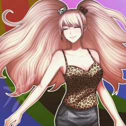 Rule 34 | 1girl, alternate costume, animal print, armpits, bear hair ornament, black skirt, blonde hair, breasts, cleavage, closed eyes, closed mouth, collarbone, colorful, danganronpa: trigger happy havoc, danganronpa (series), danganronpa 3 (anime), enoshima junko, eyebrows hidden by hair, hair ornament, hcttouch, highres, large breasts, leopard print, lips, long hair, multicolored background, pink lips, pocket, skirt, smile, solo, striped, striped background, tank top, twintails