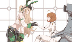 Rule 34 | 2girls, aged up, ahoge, android, animal ears, black gloves, blonde hair, breasts, cameron maccloud, commentary, company connection, crossover, curly hair, dishwasher1910, english commentary, fingerless gloves, freckles, gen lock, gloves, green eyes, hand on own knee, handshake, joints, long hair, medium breasts, multiple girls, orange hair, penny polendina, ponytail, rabbit ears, robot, robot ears, robot joints, rwby, short hair, smile, tagme, thighhighs