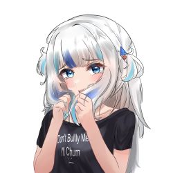 Rule 34 | 1girl, absurdres, blue eyes, bunching hair, clothes writing, english text, gawr gura, hair ornament, highres, hololive, hololive english, long hair, looking at viewer, meme, multicolored hair, shark hair ornament, shirt, simple background, solo, streaked hair, t-shirt, tearing up, trashris, two side up, upper body, virtual youtuber, white background, white hair