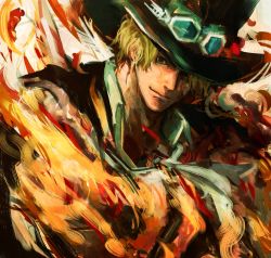 Rule 34 | 1boy, ascot, black hat, blonde hair, closed mouth, collar, fire, goggles, goggles on headwear, hat, highres, looking at viewer, male focus, one piece, sabo (one piece), scar, short hair, solo, top hat, torapunch, upper body, white ascot