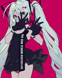 Rule 34 | 1girl, bad id, bad pixiv id, black gloves, black nightgown, black skirt, blue eyes, blue hair, covered mouth, gloves, hair intakes, hair ornament, hatsune miku, heart, heart hands, highres, legs, lkii, long hair, looking at viewer, mochizuki kei, nightgown, red background, ringlets, simple background, skirt, upper body, vocaloid