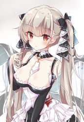 Rule 34 | 1girl, absurdres, azur lane, bare shoulders, blush, breasts, choker, dress, earrings, flight deck, formidable (azur lane), grey hair, hair between eyes, hair ribbon, highres, jewelry, large breasts, long skirt, looking at viewer, red eyes, ribbon, rigging, simple background, skirt, solo, twintails, two-tone dress, two-tone ribbon, yukine