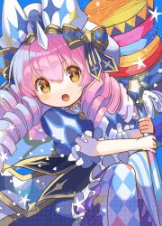 Rule 34 | 1girl, bow, dress, drill hair, frilled dress, frills, hammer, headpiece, highres, open mouth, pink hair, puzzle &amp; dragons, rakulog, solo, thighhighs, twin drills, water cotton (p&amp;d), yellow eyes