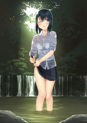 Rule 34 | 1girl, absurdres, apollo (hu maple), black hair, black skirt, blue eyes, blush, bra, bralines, dress shirt, hair ornament, hairclip, highres, light rays, looking at viewer, nature, one eye closed, original, outdoors, parted lips, see-through, self-upload, shirt, skirt, solo, standing, sunlight, thighs, underwear, wading, wet, wet clothes, wet hair, wet shirt, white shirt, wringing clothes