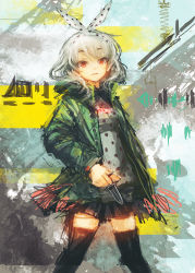 Rule 34 | 1girl, arm behind back, black thighhighs, blouse, bow, buttons, dagger, grey hair, hair bow, highres, holding, holding weapon, jacket, knife, lm7 (op-center), long sleeves, looking at viewer, miniskirt, open clothes, open jacket, original, polka dot, polka dot ribbon, polka dot shirt, popped collar, ribbon, shirt, sketch, skirt, solo, standing, thighhighs, weapon, yellow eyes, zettai ryouiki
