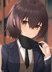 Rule 34 | 1girl, black jacket, black necktie, blazer, blush, brown eyes, brown hair, commentary request, gahara, hair between eyes, jacket, long sleeves, looking at viewer, mask, mask around neck, mole, mole under eye, mouth mask, necktie, open clothes, open jacket, original, parted lips, portrait, school uniform, short hair, signature, smile, solo