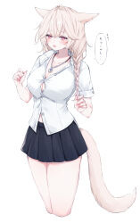 Rule 34 | 1girl, absurdres, animal ears, black skirt, blonde hair, blush, braid, breasts, button gap, cat ears, cat girl, cat tail, cleavage, collared shirt, commentary request, cropped legs, facial mark, final fantasy, final fantasy xiv, highres, jewelry, large breasts, long hair, miqo&#039;te, necklace, partially unbuttoned, pink eyes, pleated skirt, sana (sanamaru 0w0), shirt, short sleeves, side braid, simple background, skirt, slit pupils, solo, sweat, tail, warrior of light (ff14), whisker markings, white background, white shirt